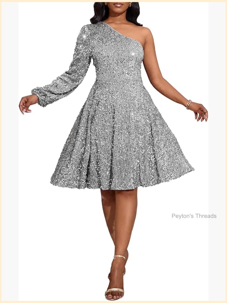 Sequins One Shoulder Long Sleeve Skater Dress Midi Sparkly Party Cocktail